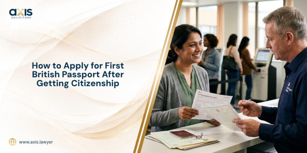 A newly naturalised British citizen speaking with a passport office staff member while holding a passport application form. A passport and supporting documents are placed on the counter, symbolising the process to apply for first British passport after citizenship.