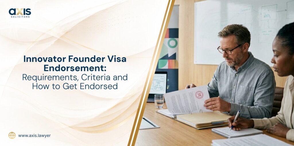 Entrepreneur reviewing an Innovator Founder Visa business plan in a modern UK office, with financial forecasts, market research documents and business growth strategy displayed on the desk and laptop.