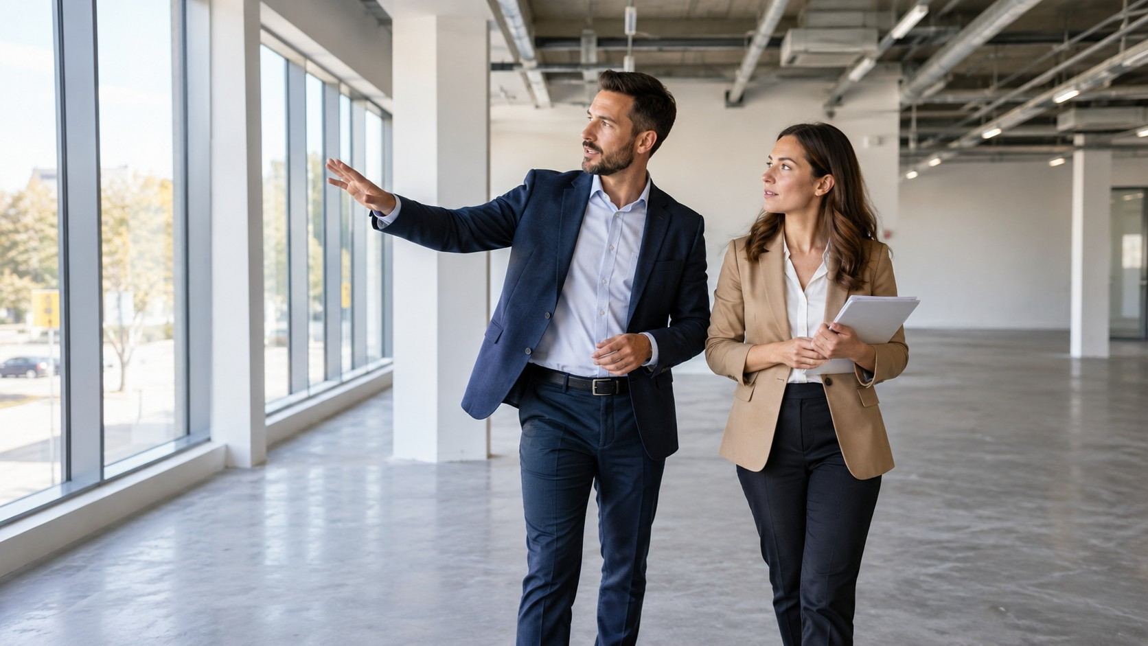 Two professionals touring a modern commercial workspace and discussing plans for an overseas employee’s temporary UK business assignment.