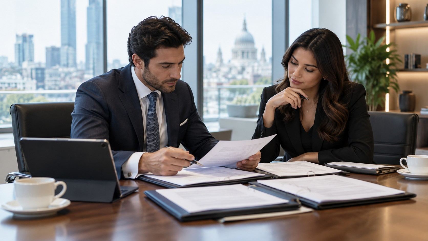 Client and immigration adviser reviewing application documents, costs and financial calculations for a UK Expansion Worker Visa in a professional office.