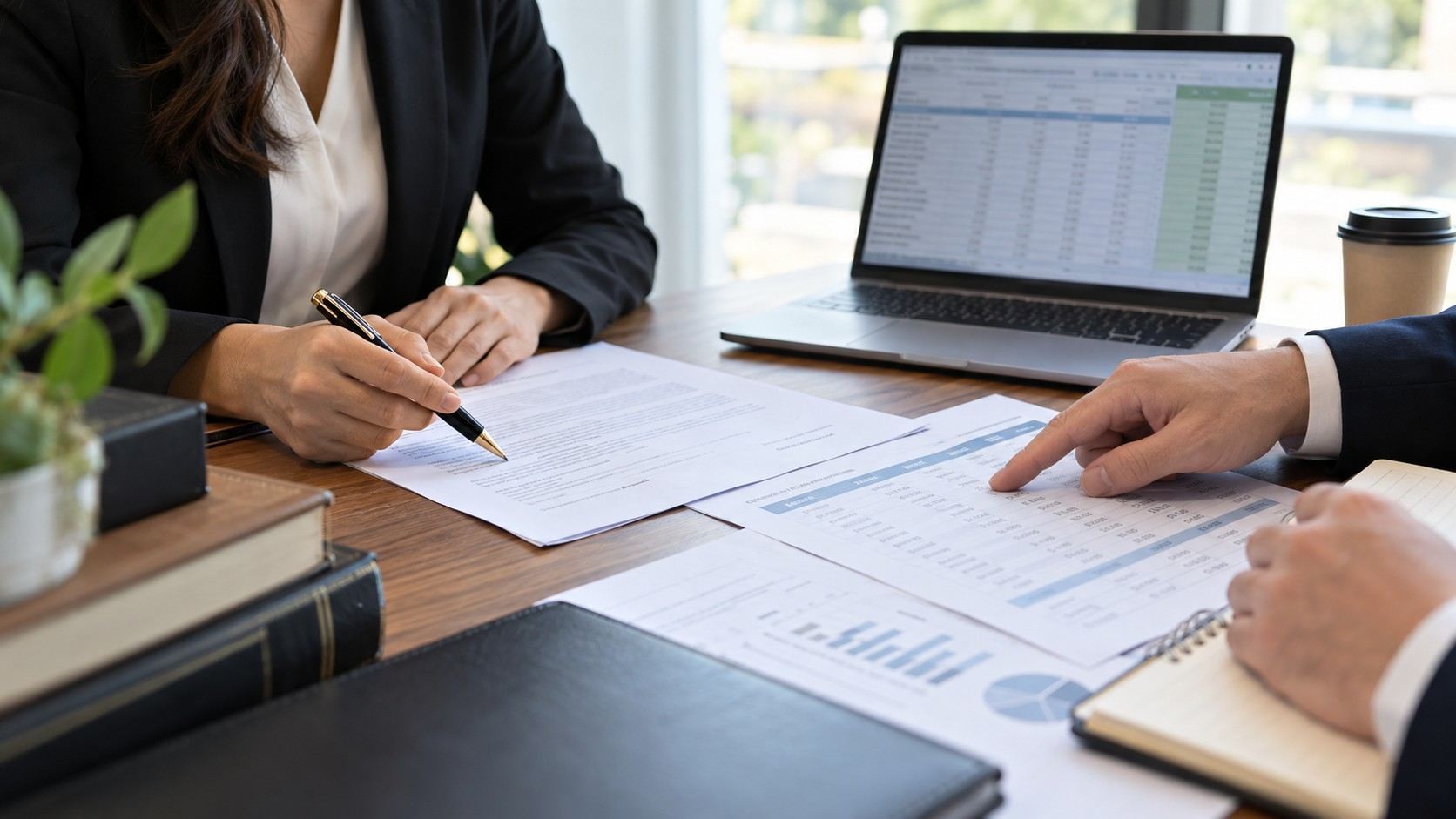 : Solicitor and business representative reviewing salary figures, employment documents and sponsorship details for a UK Expansion Worker Visa application.