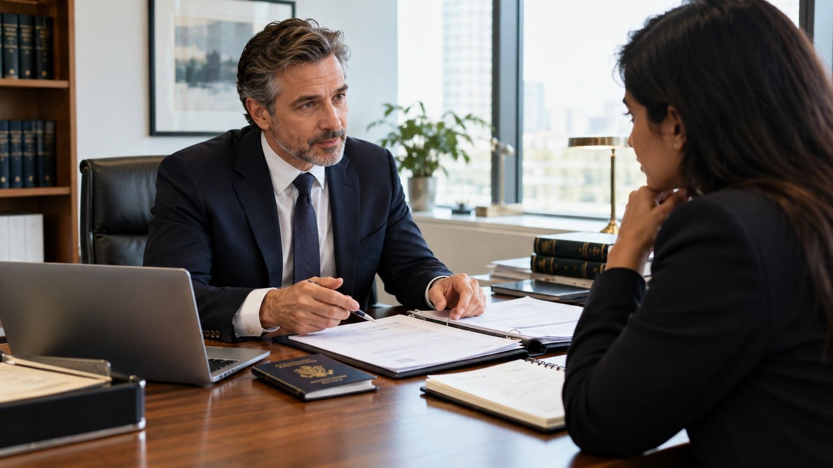 Business immigration solicitor advising an overseas senior manager on UK Expansion Worker Visa plans in a modern London office overlooking the city.