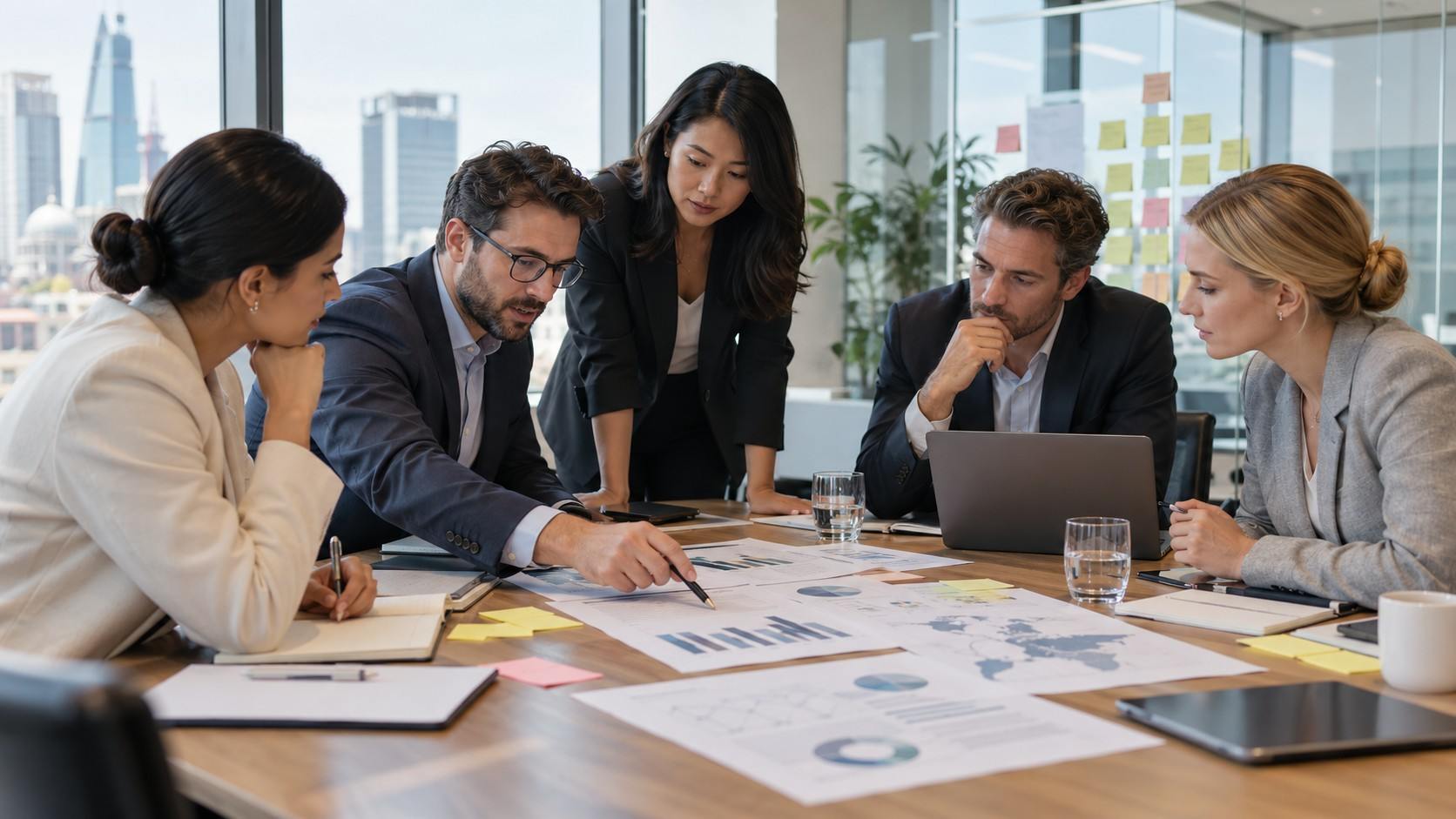 International business team reviewing market research, financial charts and UK expansion plans during a collaborative strategy meeting in a bright modern office.
