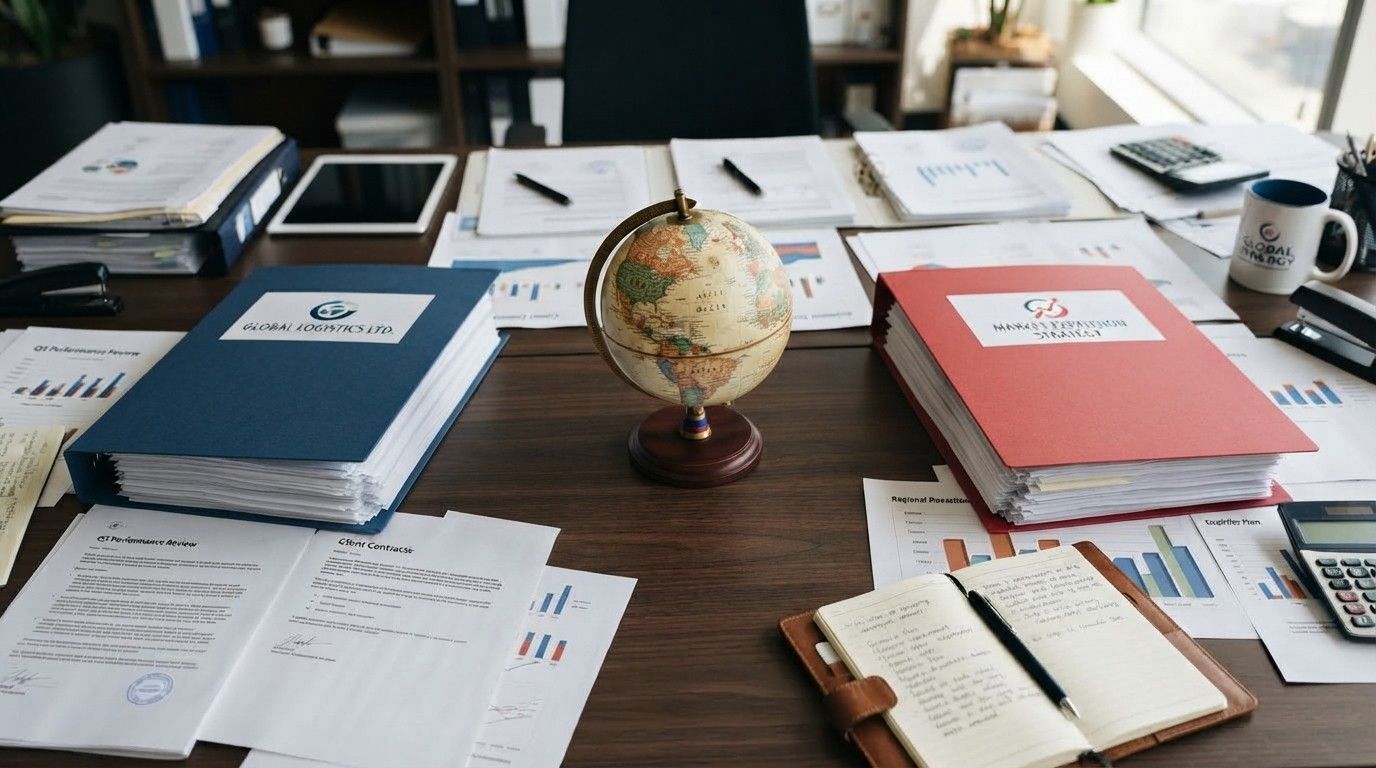 Two company document folders placed by a small UK map and corporate paperwork, representing the qualifying relationship between an overseas employer and linked UK business.