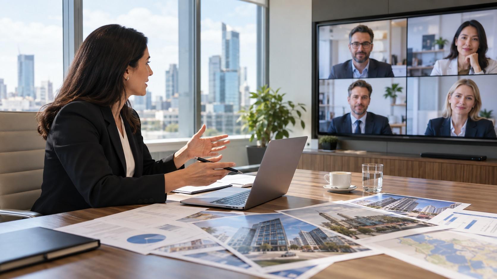 Business professional holding a video meeting with overseas colleagues while reviewing office locations, market documents and plans for UK business expansion.