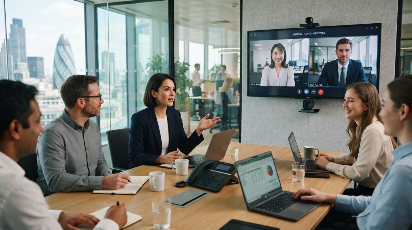UK-based employee speaking with overseas colleagues on a large video conference screen, representing cooperation between linked businesses supporting a graduate training placement.
