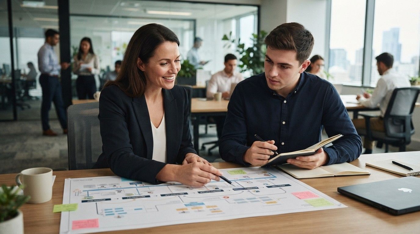 Experienced senior manager and specialist employee working together in a corporate office, representing eligible overseas employees transferring to a linked UK business.