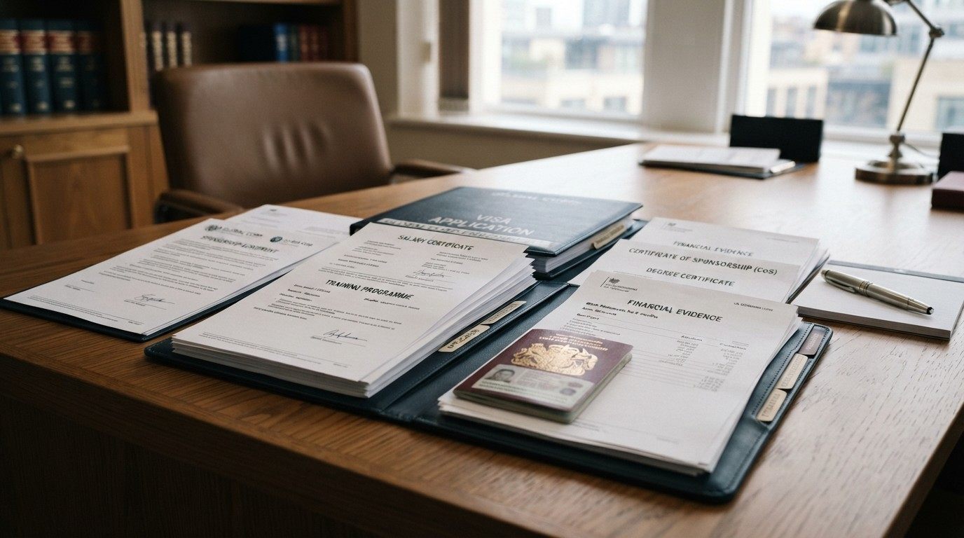 Professional case file divided into sections for employment, training programme, sponsorship, salary and financial evidence for a Graduate Trainee Visa application.