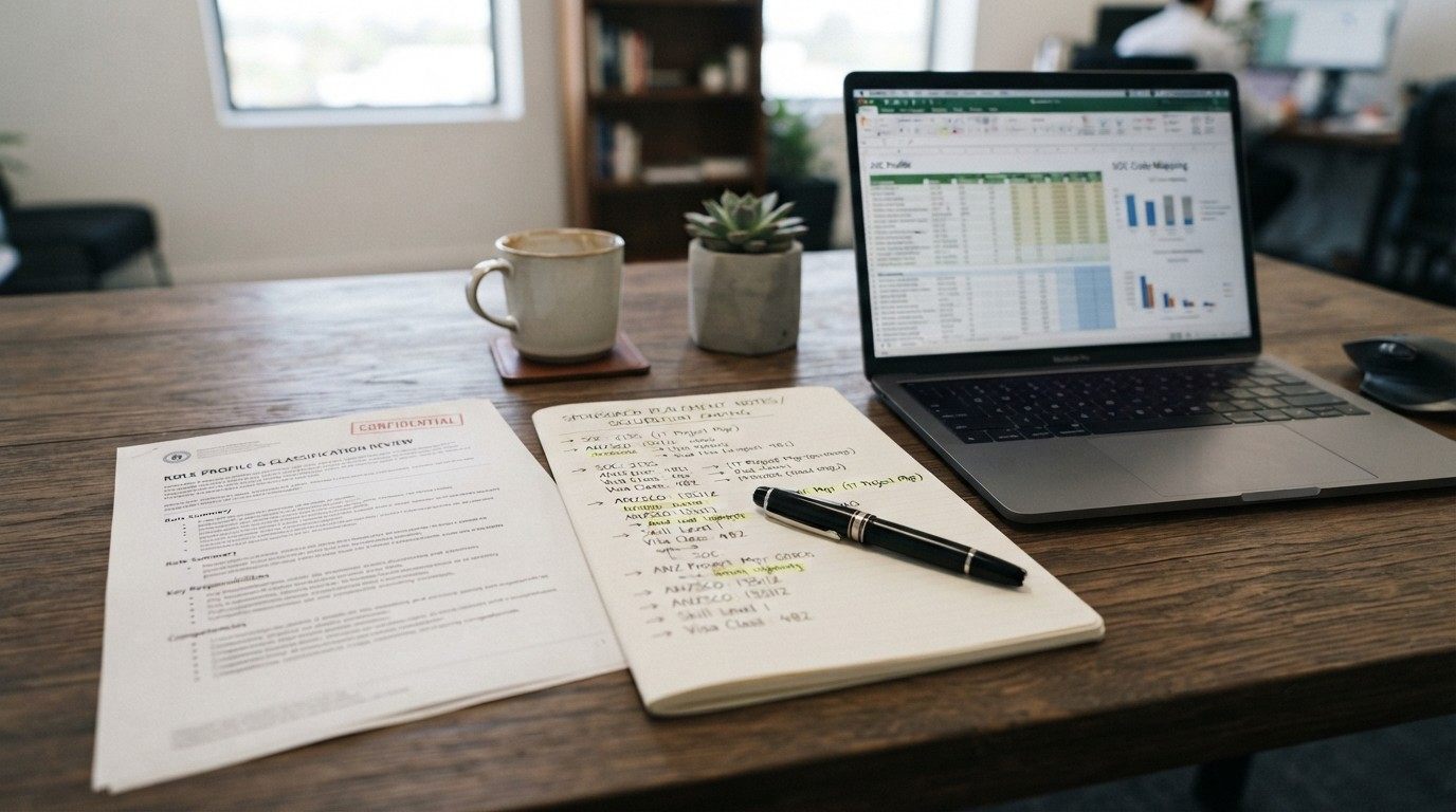 Printed job profile marked with duties, working hours and occupation-code notes beside a laptop, representing accurate SOC code assessment for a Graduate Trainee role.