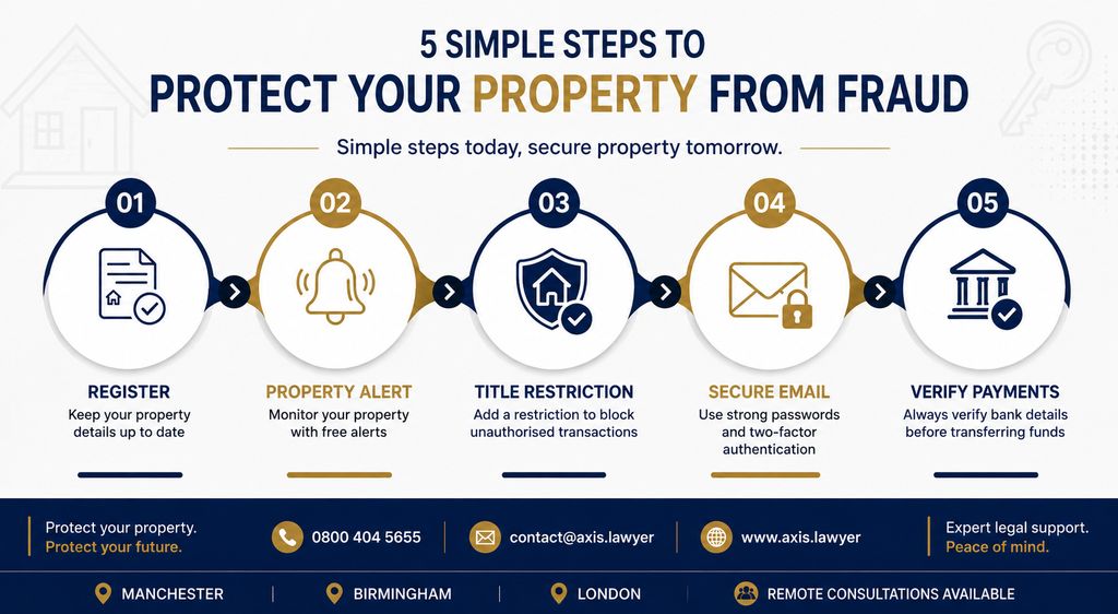 Five-step infographic showing how property fraud solicitors can help protect a UK property from fraud, including record keeping, alerts, title restrictions and payment verification.