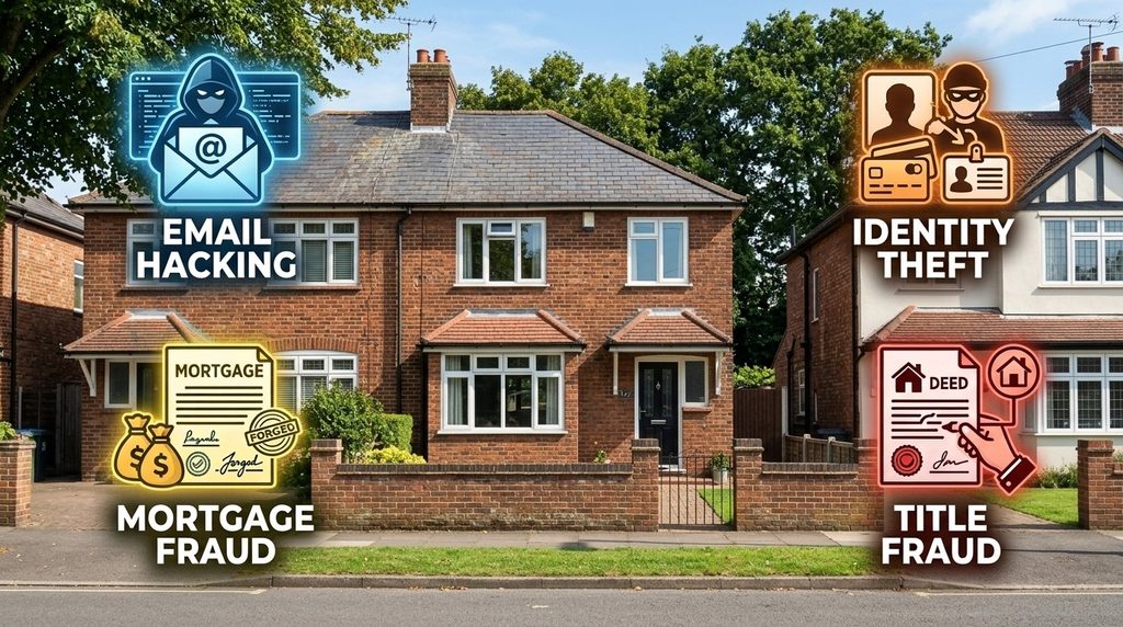 Property fraud solicitors concept showing a house surrounded by icons representing identity theft, email hacking, title fraud and mortgage fraud.