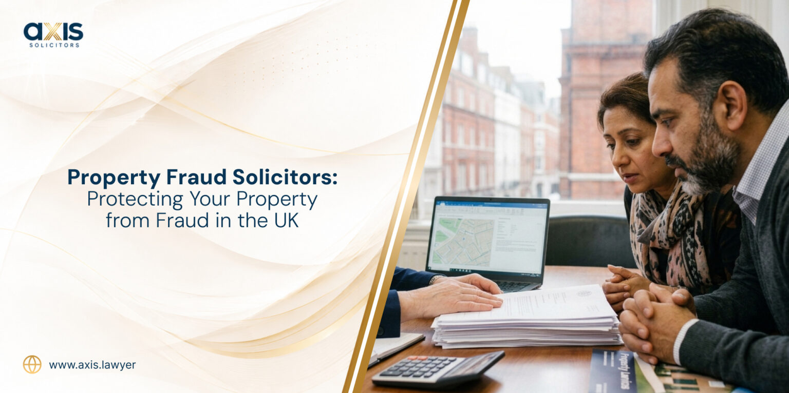 Two persons speaking to a property fraud solicitor while reviewing property documents, with a laptop and calculator nearby.