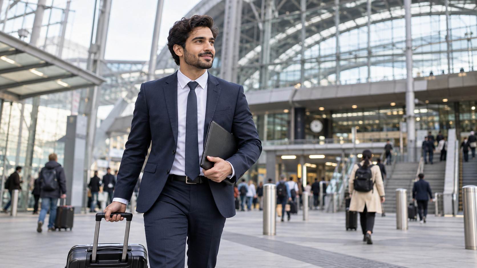International business professional carrying a suitcase and document folder outside a modern railway station before a UK work assignment.