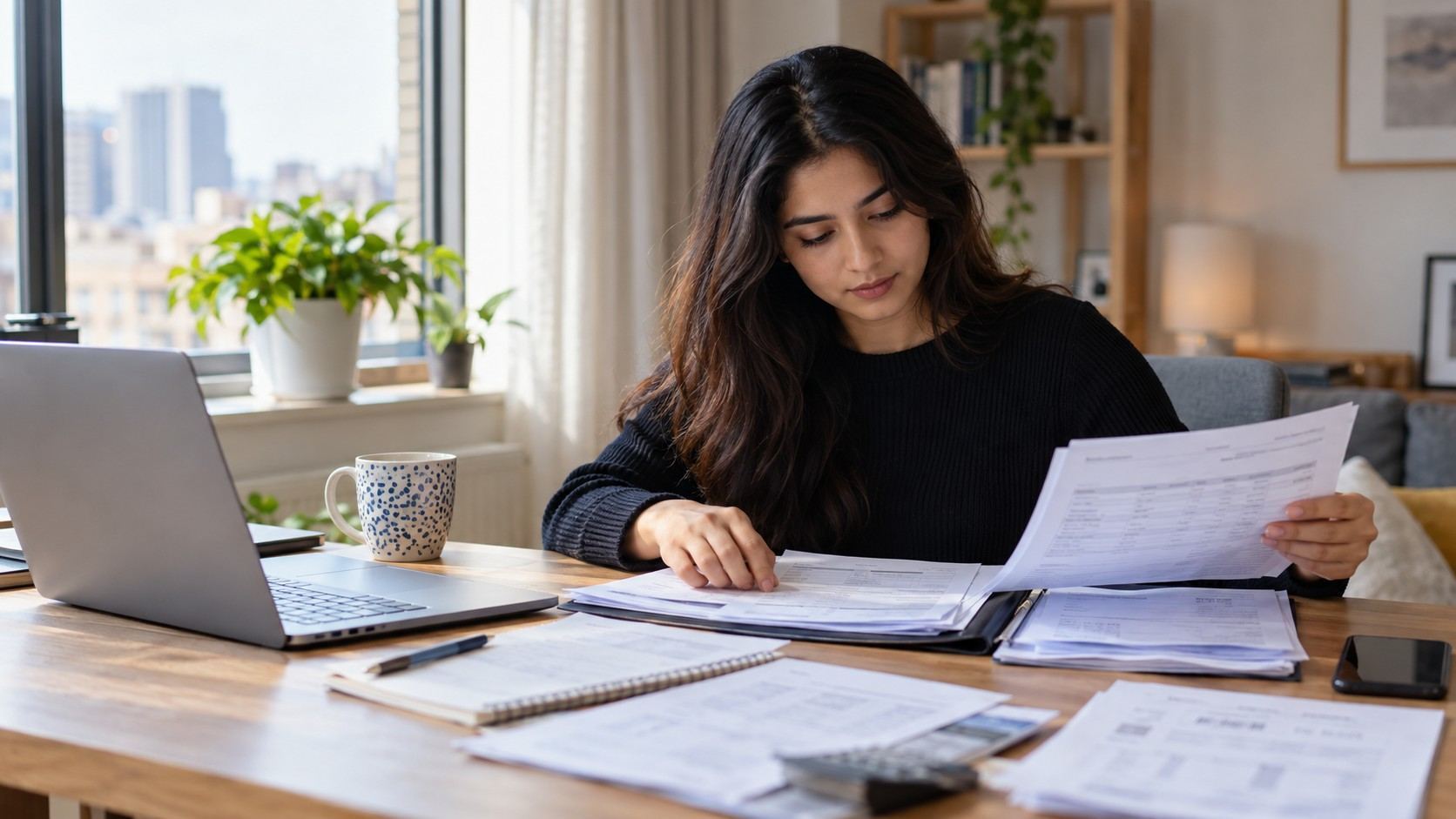 Overseas employee organising payslips, employment records and supporting documents at a naturally lit home workspace for secondment worker visa.