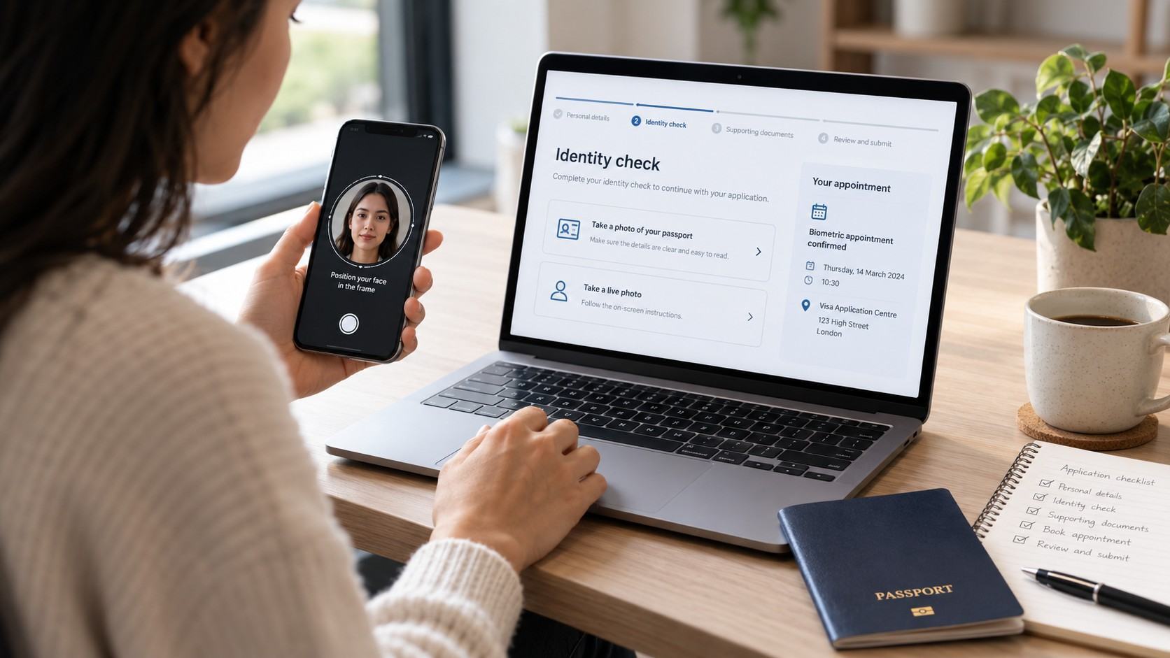 Secondment worker visa applicant completing an online identity check and reviewing application requirements using a smartphone and laptop.