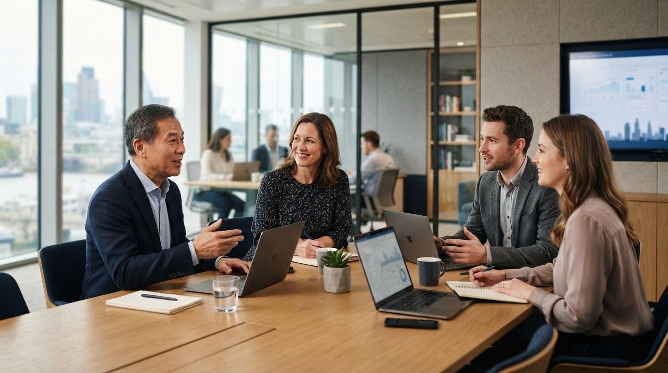 Representatives from an overseas company and its linked UK business holding a professional meeting, representing the qualifying corporate relationship required for sponsorship.