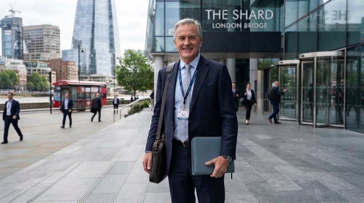 Senior international business professional standing outside a modern UK office building with a laptop and document folder, representing a Senior or Specialist Worker Visa transfer to a UK business.