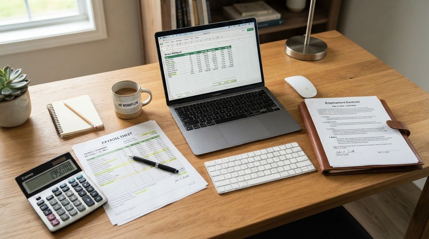 Calculator, payroll sheet, employment contract and laptop arranged on a desk, representing salary threshold and going rate checks for the Senior or Specialist Worker Visa requirements.