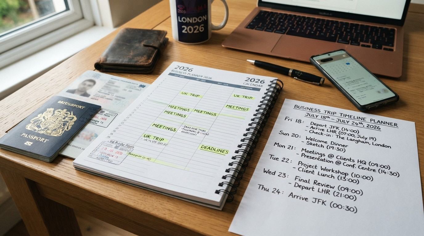Calendar pages, passport and UK entry stamp beside a timeline planner, representing visa duration and maximum stay rules for Senior or Specialist Workers.