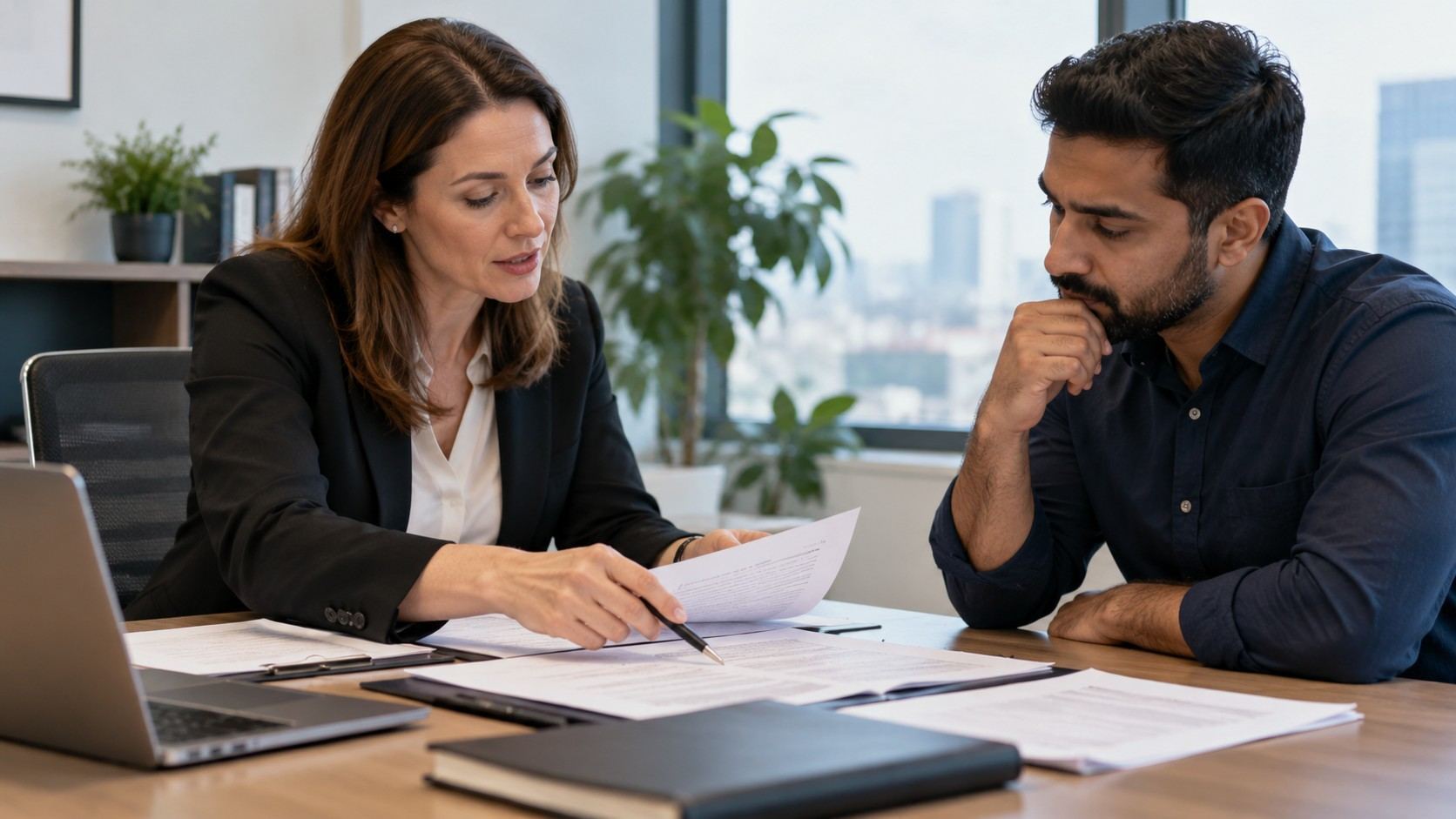 Immigration solicitor reviewing application documents with an overseas professional and explaining potential Service Supplier Visa issues.