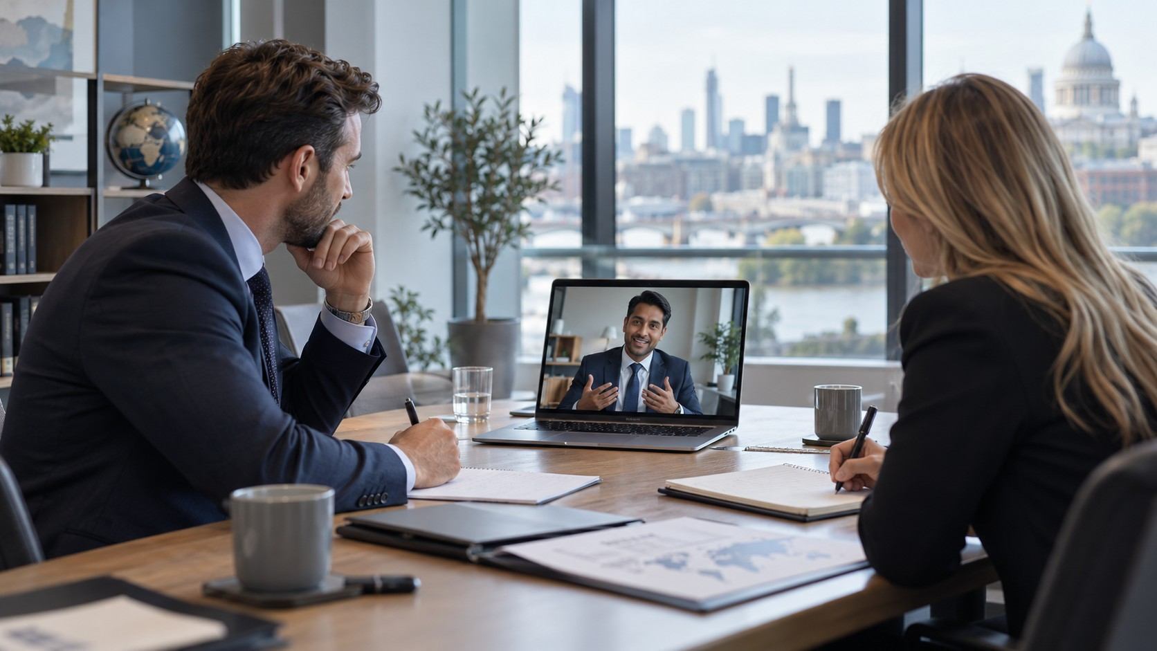 UK business professionals holding a video meeting with an overseas service provider about an international service contract.