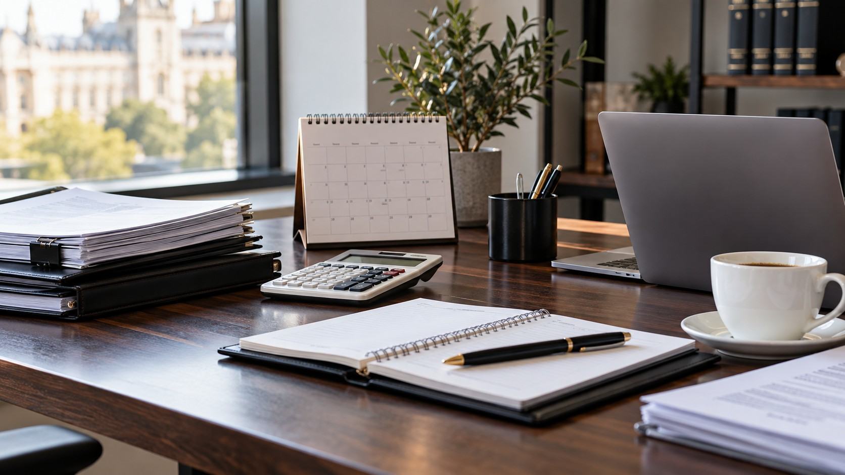 Office desk with calendar, calculator, documents and laptop representing Service Supplier Visa costs and processing times.