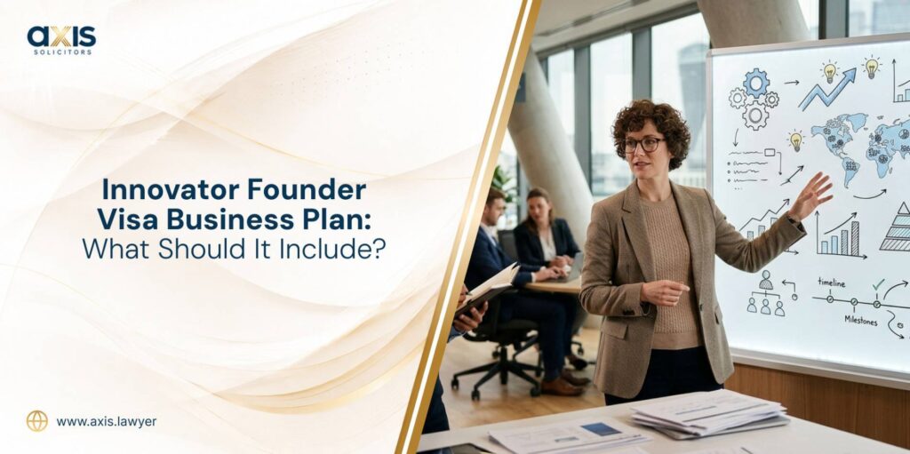 A business professional presenting a business plan that addresses key requirements for the UK innovator founder visa, including market research and risk analysis, to ensure the viability and success of their startup ventures.