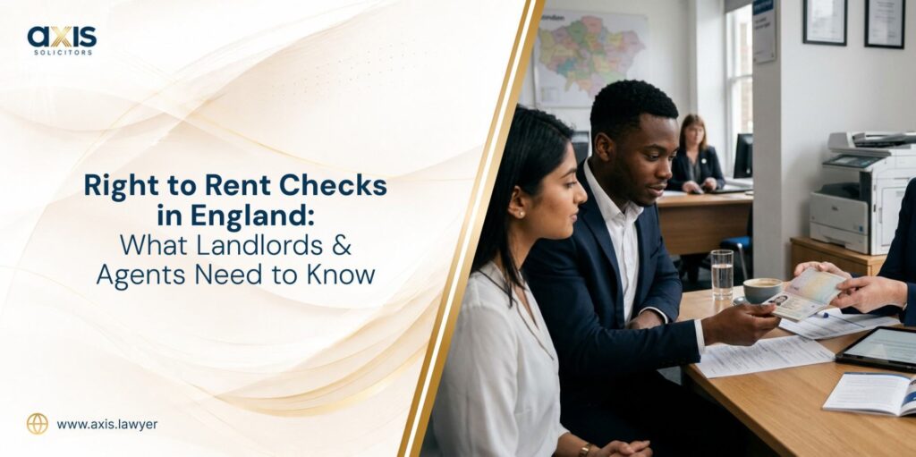 Office scene with a man and woman seated at a desk while another person hands over an open passport for verification, visually representing the Right to Rent checks in England.