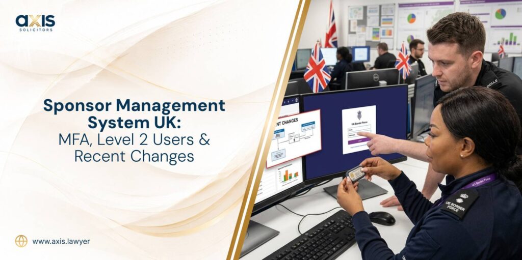 UK Border Force staff working at computer screens displaying immigration and system-related information. The image represents Sponsor Management System compliance, multi-factor authentication, Level 2 User changes and recent UK sponsor licence updates.