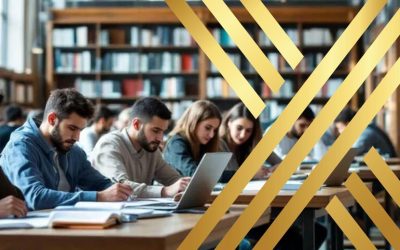 The image depicts a group of Arab students in the UK, engaged in discussions about their postgraduate studies, with a focus on the UK’s Gaza Scholarship and Humanitarian Support Scheme. They are gathered in a university setting, highlighting the opportunity for Palestinian students to apply for a full tuition fee waiver and support for living costs amidst the ongoing humanitarian crisis