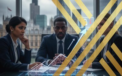 Three business professionals, two women and one man, are engaged in a serious discussion around a conference table with a holographic projection of an upward-trending graph and a fluctuating data line, symbolizing expansion and caps.