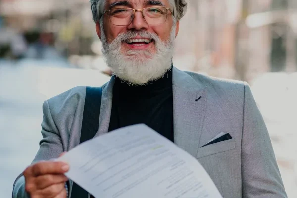 a photo of a senior businessman standing outside and reading the good news about his civil litigation case documents from axis solicitors in london.